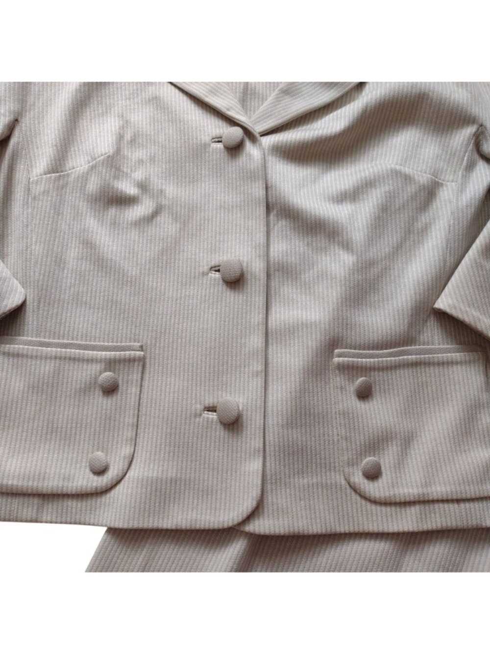 Vintage Mid Century Womens Skirt Suit M L Beige Tonal Stripe 1960s Jackie O - Picture 9 of 16